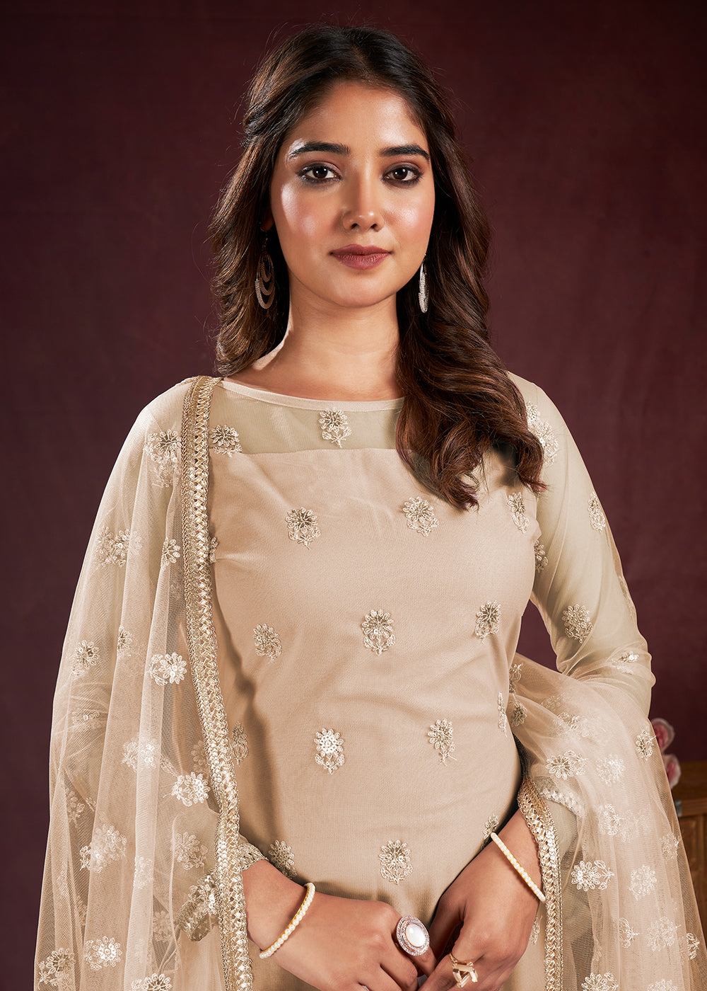 Buy Now Dusty Beige Butterfly Net Embroidered Festive Salwar Suit Online in USA, UK, Canada, Germany, Australia & Worldwide at Empress Clothing.
