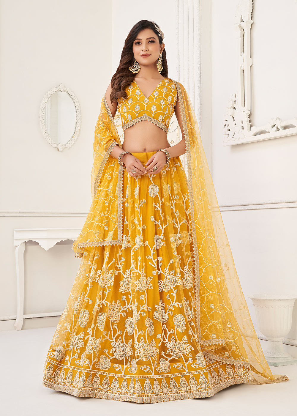 Buy Now Embroidered Net Yellow Sangeet & Haldi Wear Lehenga Choli Online in USA, UK, Canada & Worldwide at Empress Clothing. 