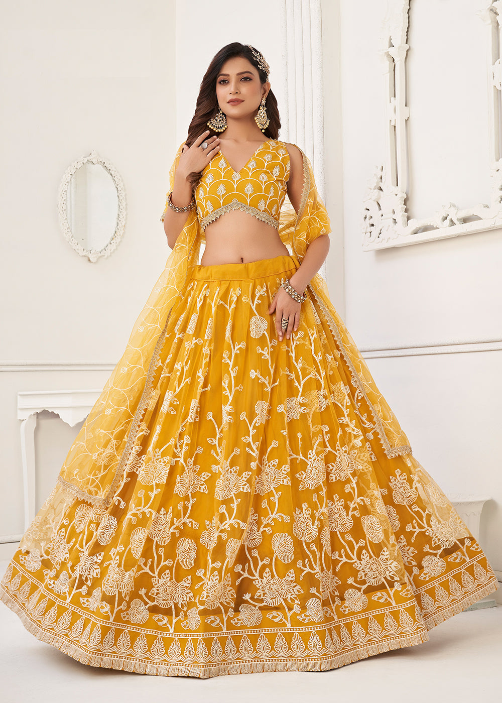 Buy Now Embroidered Net Yellow Sangeet & Haldi Wear Lehenga Choli Online in USA, UK, Canada & Worldwide at Empress Clothing. 