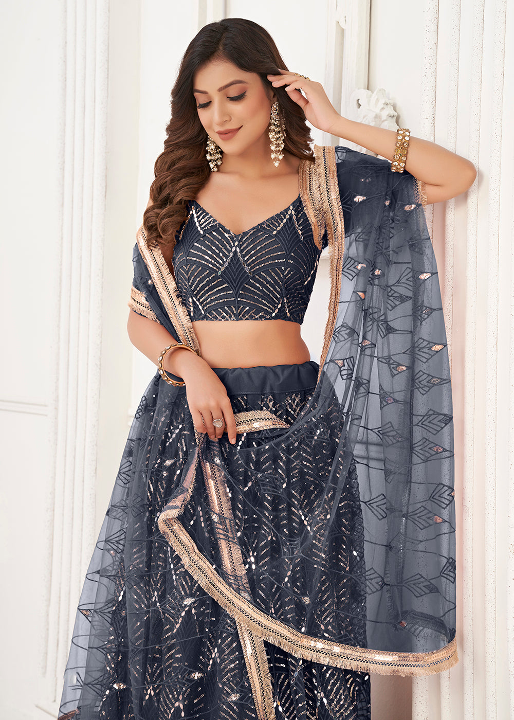 Buy Now Embroidered Net Midnight Blue Sangeet & Haldi Wedding Lehenga Choli Online in USA, UK, Canada & Worldwide at Empress Clothing.