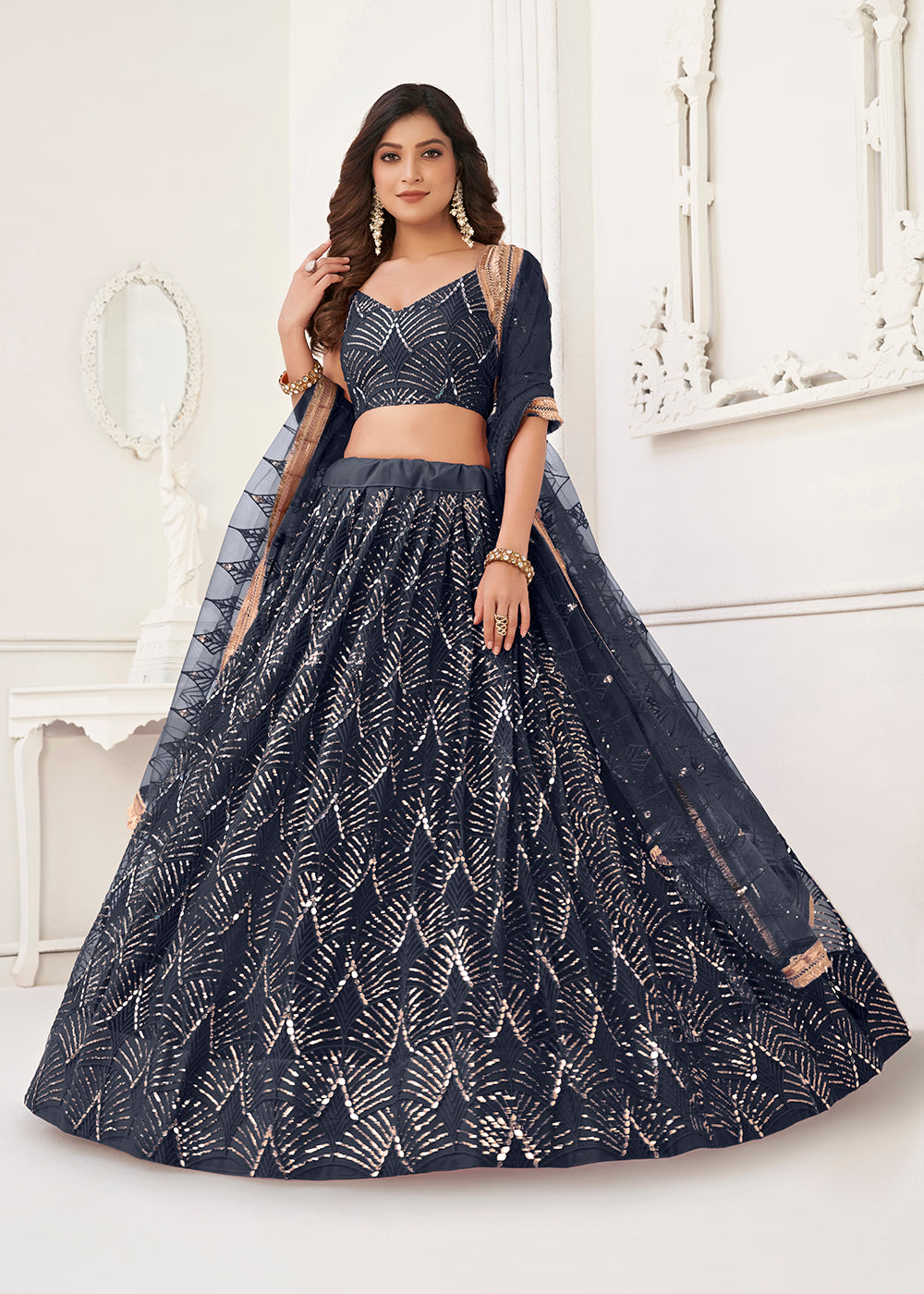 Buy Now Embroidered Net Midnight Blue Sangeet & Haldi Wedding Lehenga Choli Online in USA, UK, Canada & Worldwide at Empress Clothing.