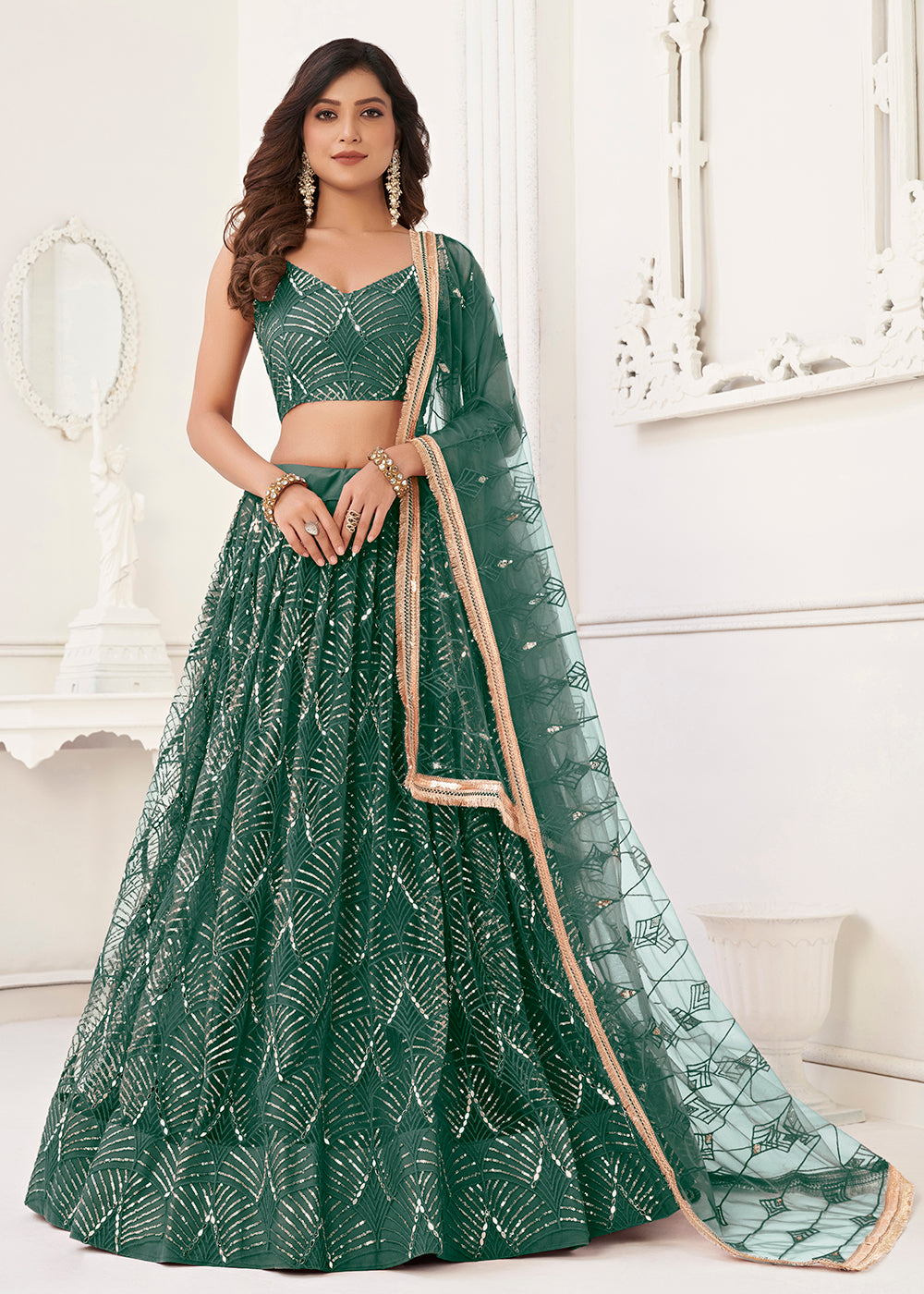 Buy Now Embroidered Net Green Sangeet & Haldi Wedding Lehenga Choli Online in USA, UK, Canada & Worldwide at Empress Clothing.