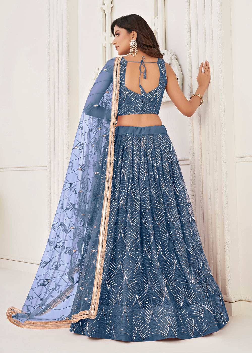 Buy Now Embroidered Net Stone Blue Sangeet & Mehndi Wedding Lehenga Choli Online in USA, UK, Canada & Worldwide at Empress Clothing.