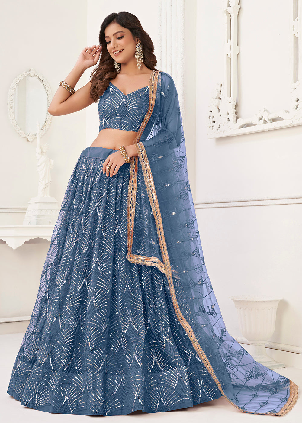 Buy Now Embroidered Net Stone Blue Sangeet & Mehndi Wedding Lehenga Choli Online in USA, UK, Canada & Worldwide at Empress Clothing.