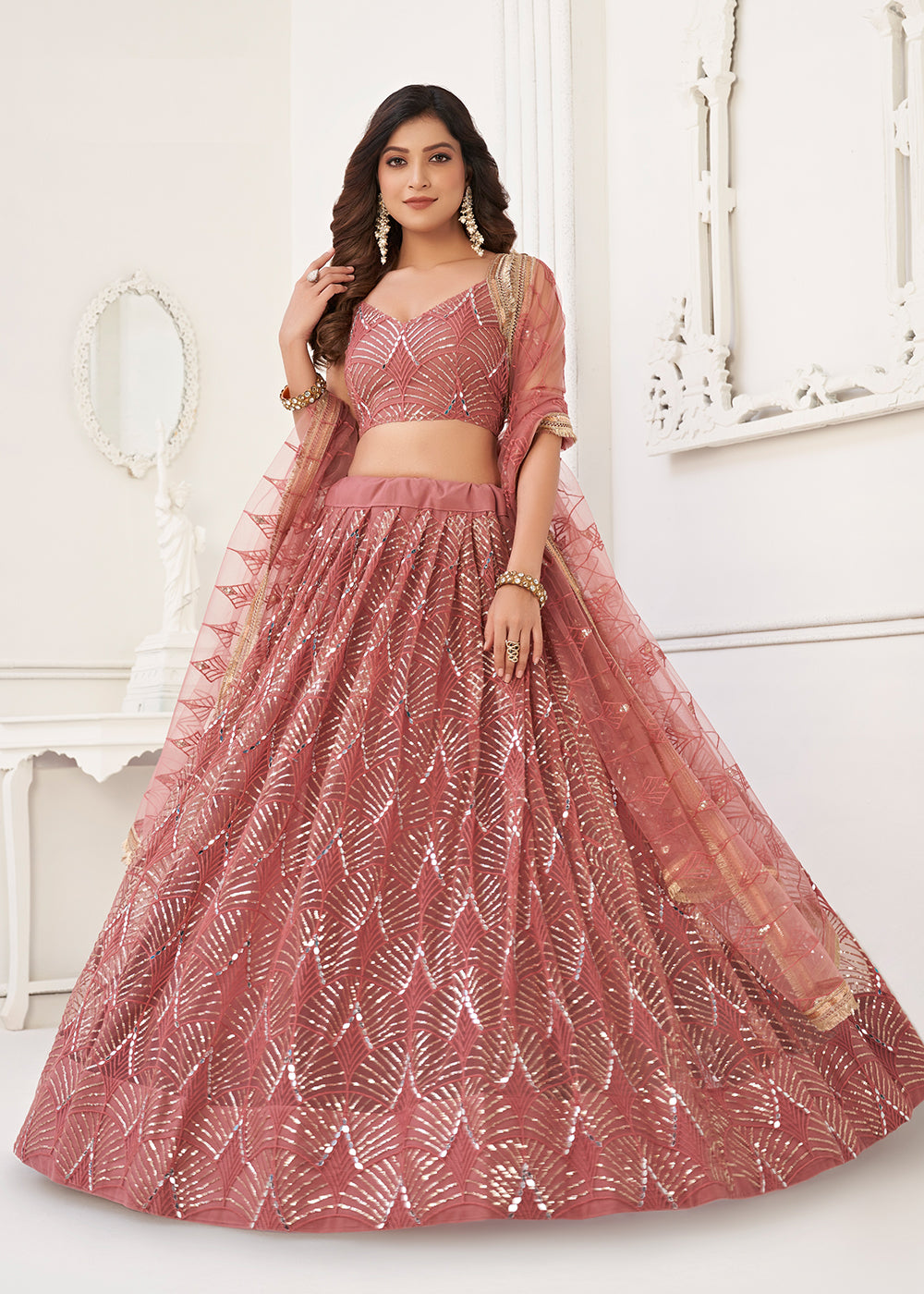 Buy Sangeet Wedding Lehenga Choli Embroidered Net Pink Lehenga