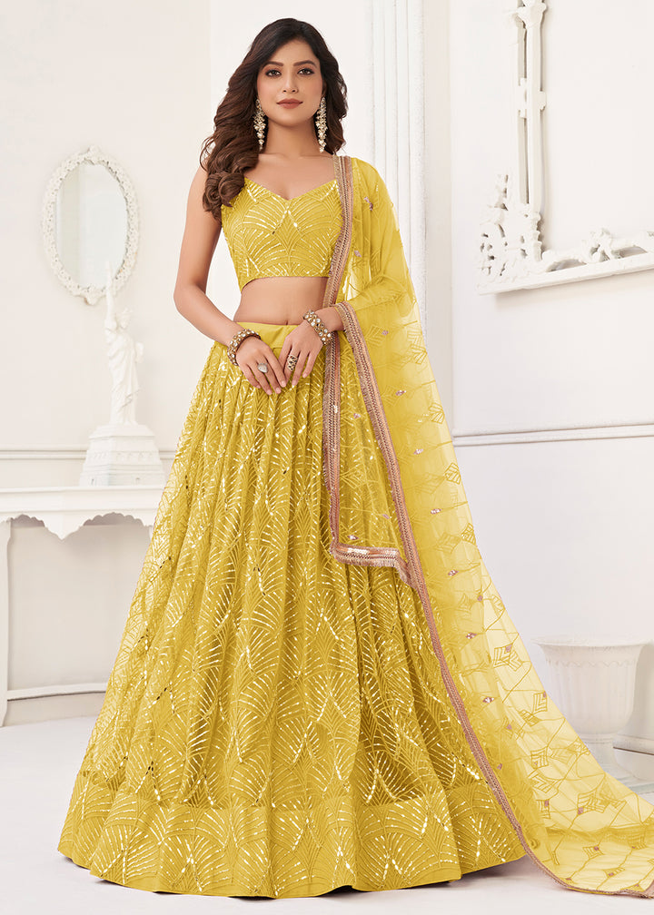 Buy Now Embroidered Net Yellow Sangeet & Mehndi Wedding Lehenga Choli Online in USA, UK, Canada & Worldwide at Empress Clothing.