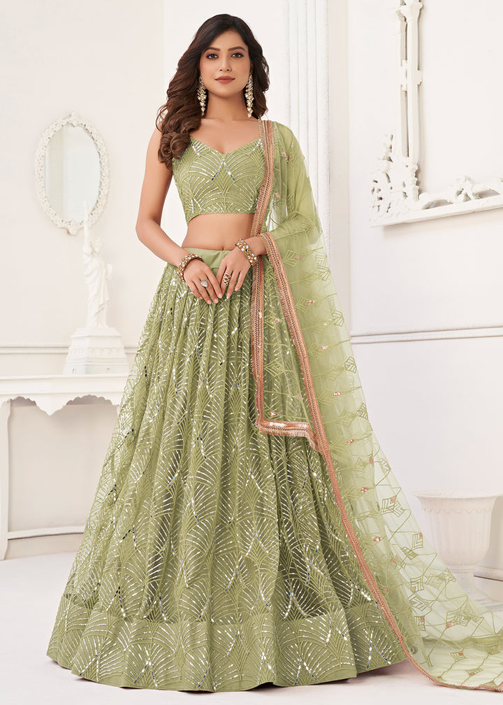 Buy Now Embroidered Net Pista Green Sangeet & Mehndi Wedding Lehenga Choli Online in USA, UK, Canada & Worldwide at Empress Clothing.