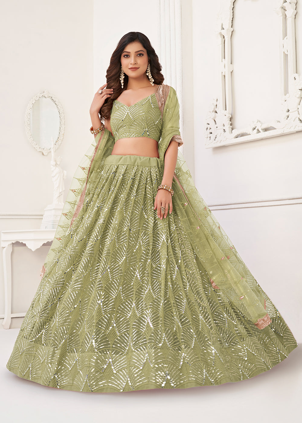 Lehenga Green Net Maxi Skirt Sangeet Wedding Lehenga Choli