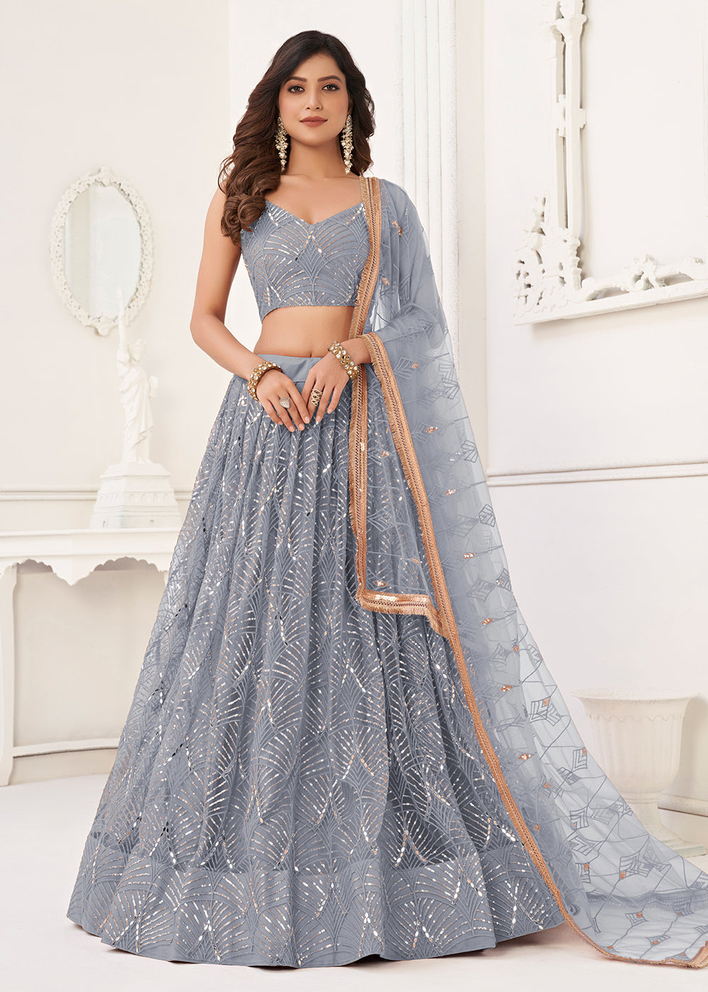 Grey Color Zari & Sequins Embroidery hot Work Silk Latest Lehenga Choli, Wedding Lehenga Choli, Lehenga Choli in USA UK CANADA, Lehenga Choli