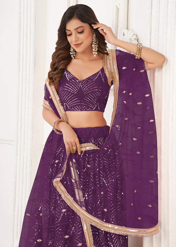 Buy Now Embroidered Net Dark Purple Sangeet & Mehndi Wedding Lehenga Choli Online in USA, UK, Canada & Worldwide at Empress Clothing. 