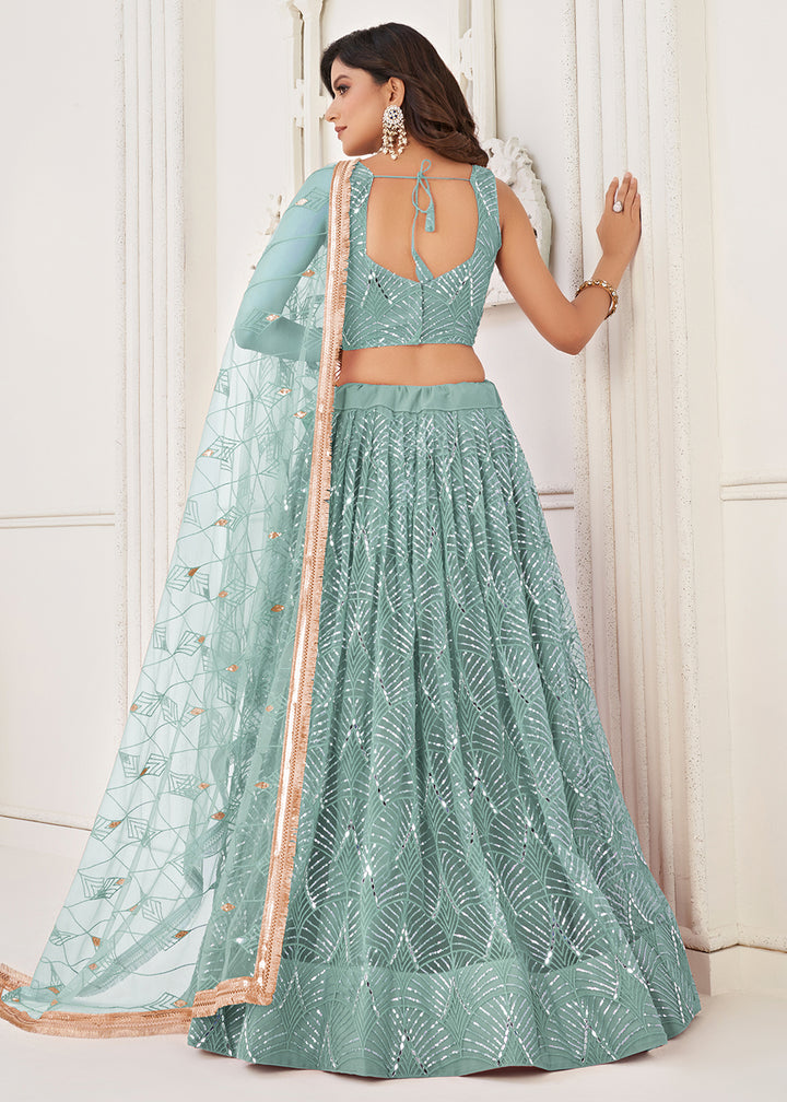 Buy Now Embroidered Net Ocean Blue Sangeet & Mehndi Wedding Lehenga Choli Online in USA, UK, Canada & Worldwide at Empress Clothing. 