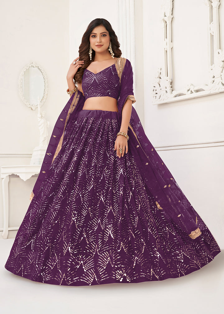 Buy Now Embroidered Net Dark Purple Sangeet & Mehndi Wedding Lehenga Choli Online in USA, UK, Canada & Worldwide at Empress Clothing. 