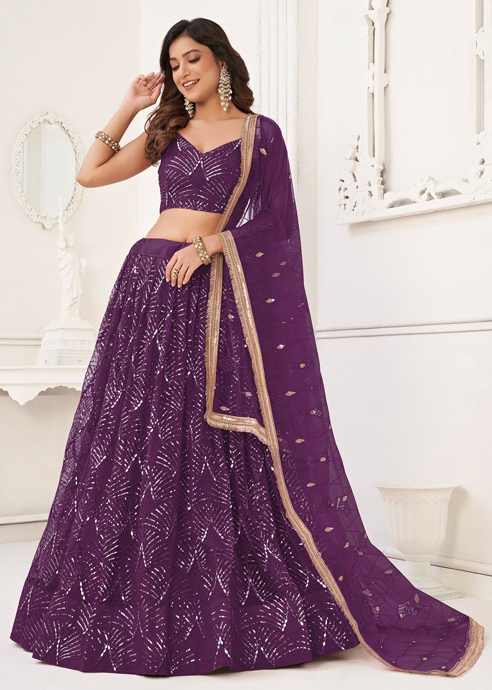 Buy Now Embroidered Net Dark Purple Sangeet & Mehndi Wedding Lehenga Choli Online in USA, UK, Canada & Worldwide at Empress Clothing. 