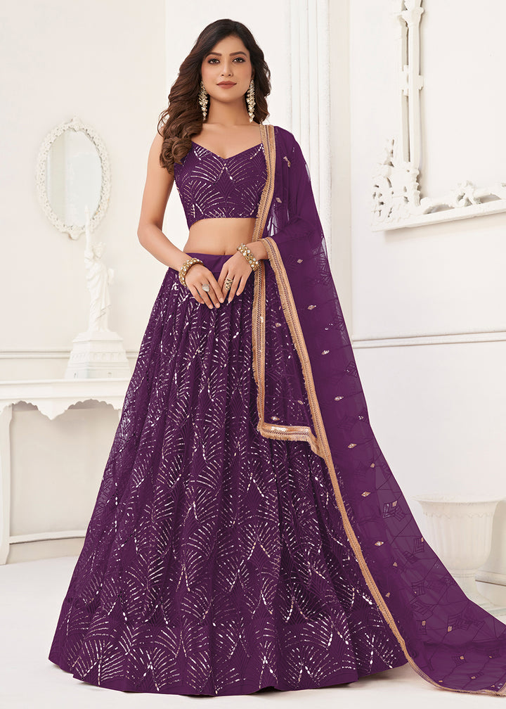 Buy Now Embroidered Net Dark Purple Sangeet & Mehndi Wedding Lehenga Choli Online in USA, UK, Canada & Worldwide at Empress Clothing. 