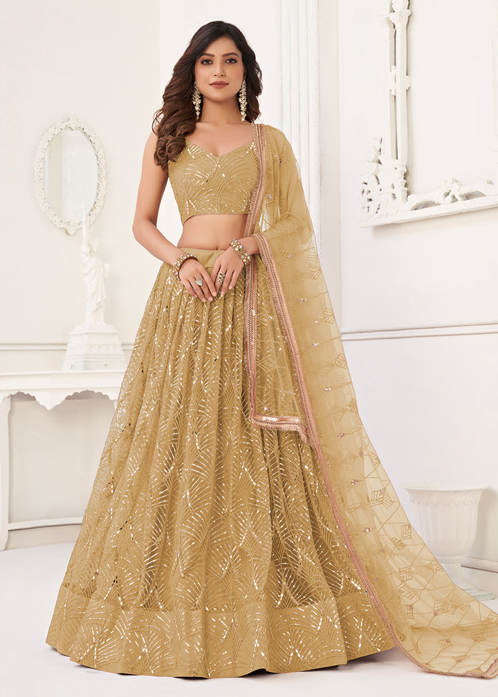 Buy Now Embroidered Net Gold Beige Sangeet & Mehndi Wedding Lehenga Choli Online in USA, UK, Canada & Worldwide at Empress Clothing.