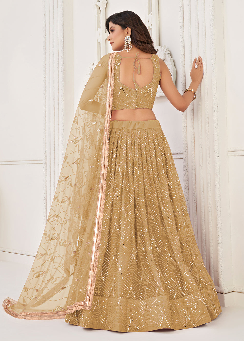 Buy Now Embroidered Net Gold Beige Sangeet & Mehndi Wedding Lehenga Choli Online in USA, UK, Canada & Worldwide at Empress Clothing.