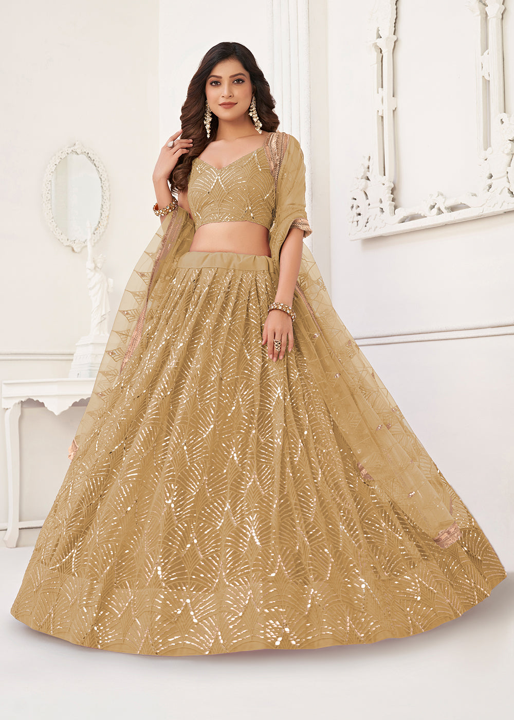 Buy Now Embroidered Net Gold Beige Sangeet & Mehndi Wedding Lehenga Choli Online in USA, UK, Canada & Worldwide at Empress Clothing.