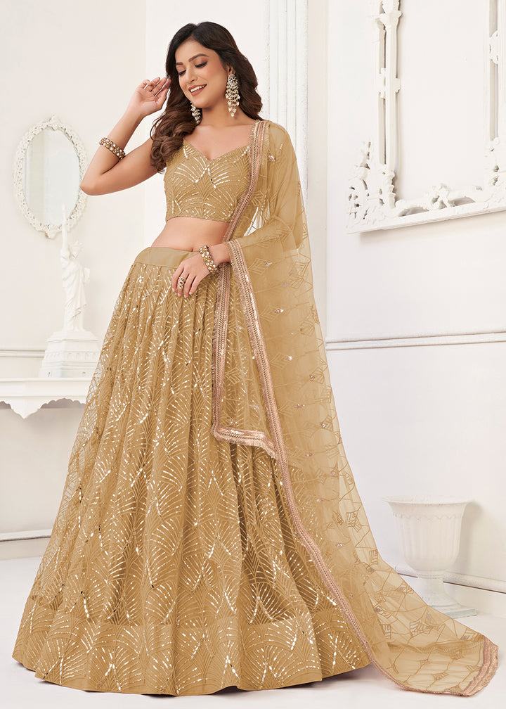 Buy Now Embroidered Net Gold Beige Sangeet & Mehndi Wedding Lehenga Choli Online in USA, UK, Canada & Worldwide at Empress Clothing.