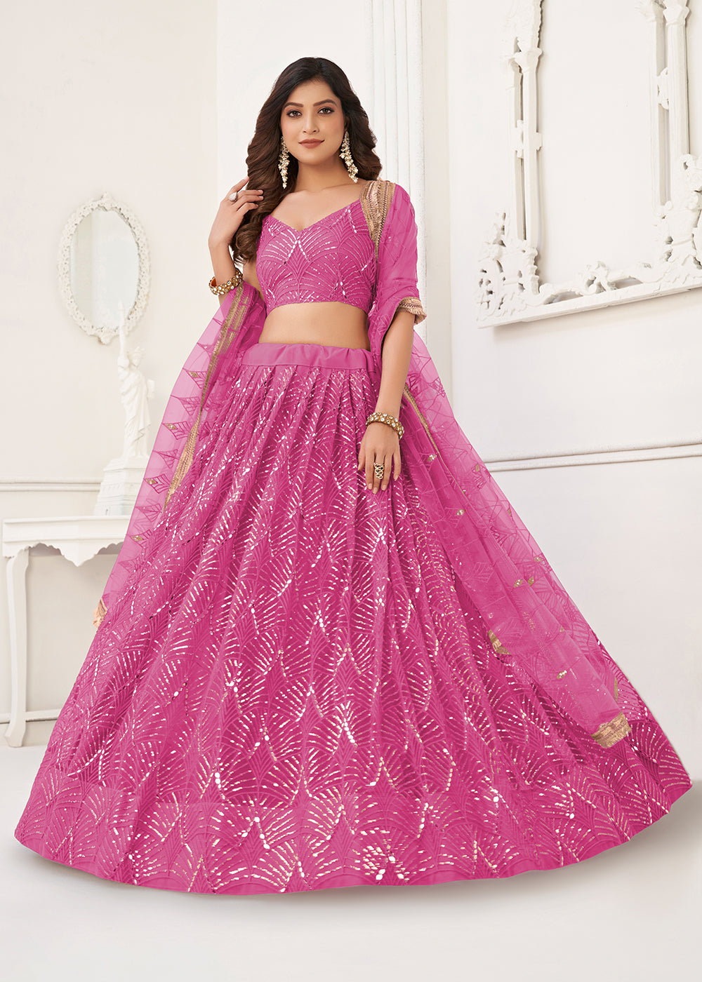 Buy Now Embroidered Net Magenta Pink Sangeet & Mehndi Wedding Lehenga Choli Online in USA, UK, Canada & Worldwide at Empress Clothing.