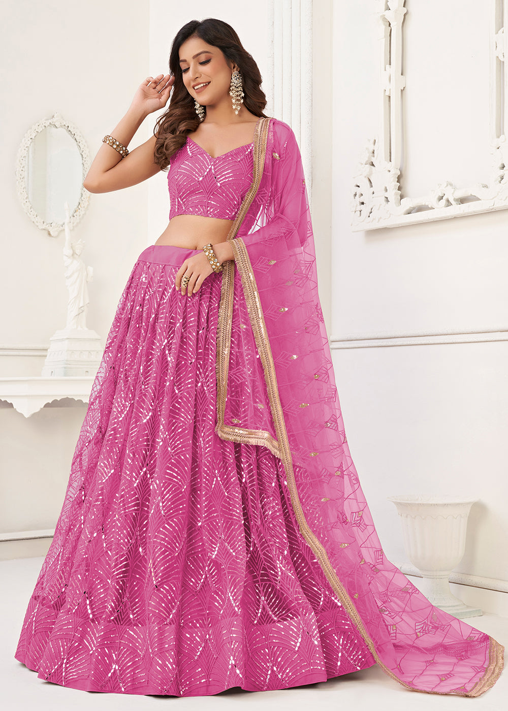 Buy Now Embroidered Net Magenta Pink Sangeet & Mehndi Wedding Lehenga Choli Online in USA, UK, Canada & Worldwide at Empress Clothing.