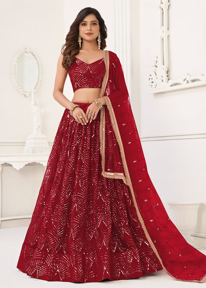 Buy Now Embroidered Net Ruby Red Sangeet & Mehndi Wedding Lehenga Choli Online in USA, UK, Canada & Worldwide at Empress Clothing. 