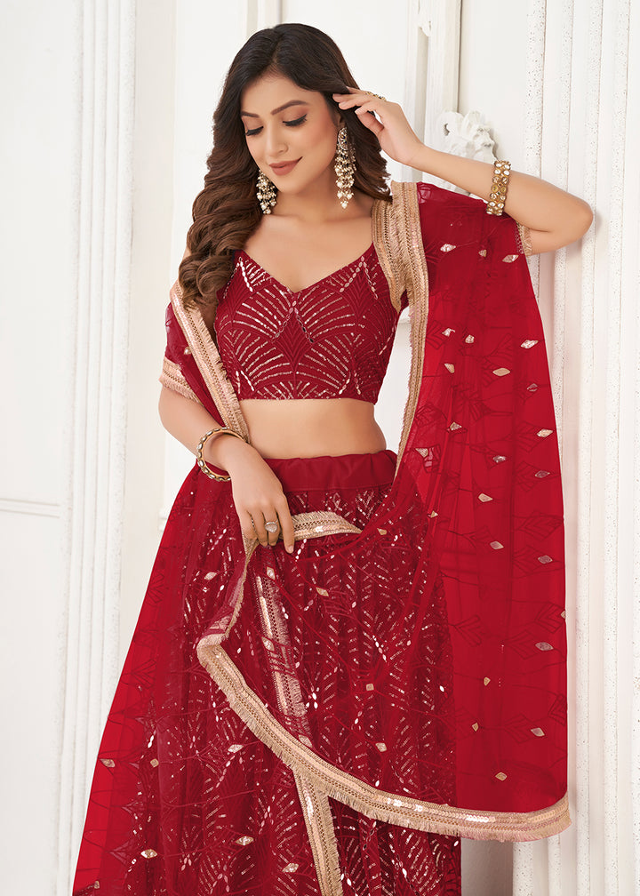 Buy Now Embroidered Net Ruby Red Sangeet & Mehndi Wedding Lehenga Choli Online in USA, UK, Canada & Worldwide at Empress Clothing. 