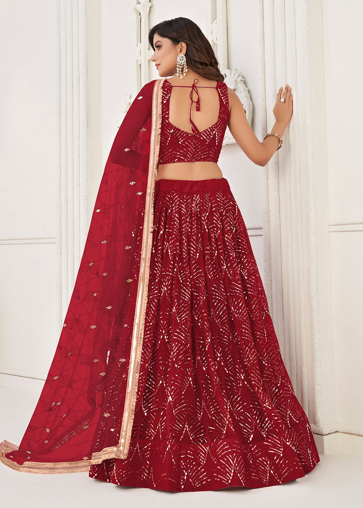 Buy Now Embroidered Net Ruby Red Sangeet & Mehndi Wedding Lehenga Choli Online in USA, UK, Canada & Worldwide at Empress Clothing. 