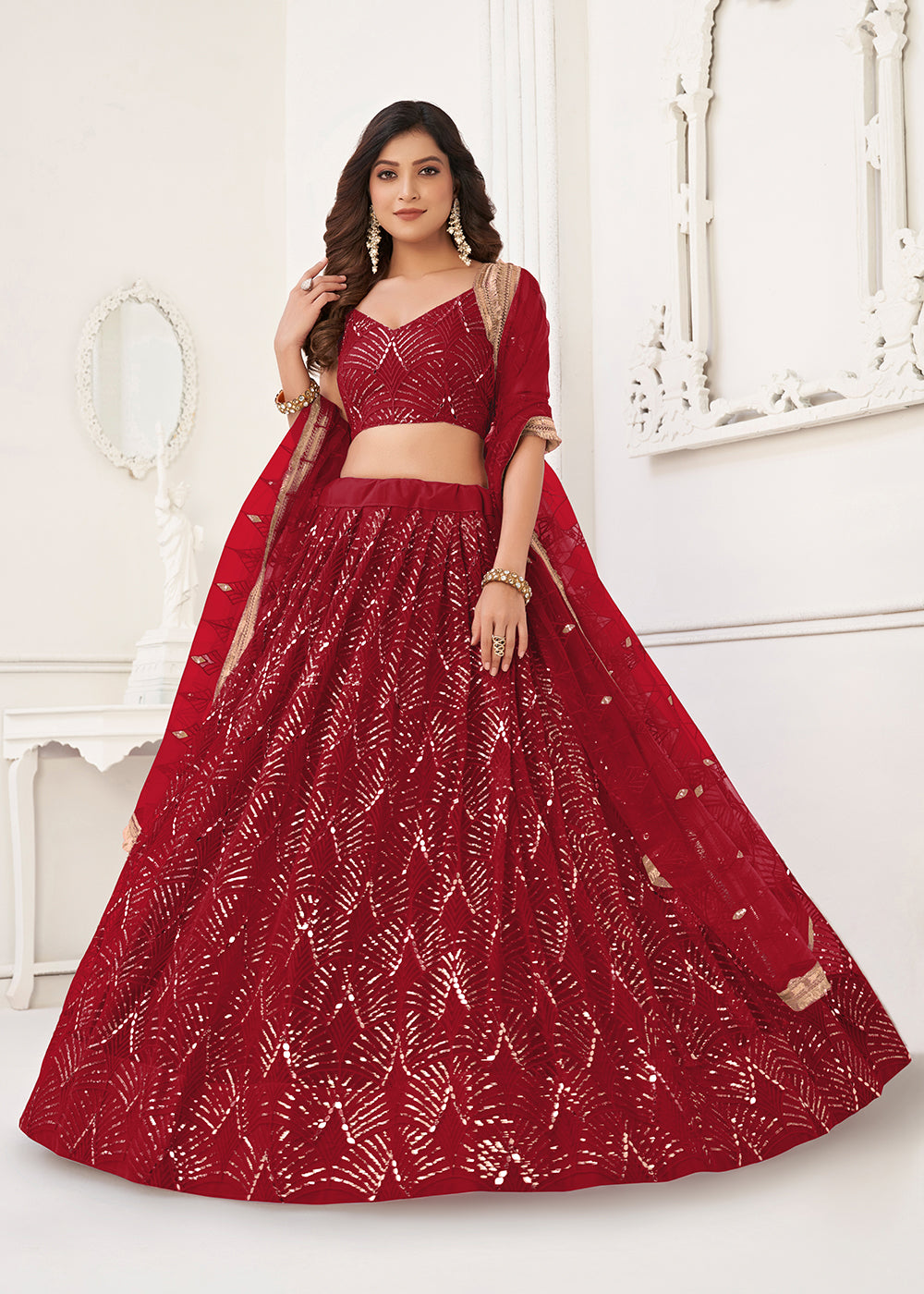 Buy Now Embroidered Net Ruby Red Sangeet & Mehndi Wedding Lehenga Choli Online in USA, UK, Canada & Worldwide at Empress Clothing. 