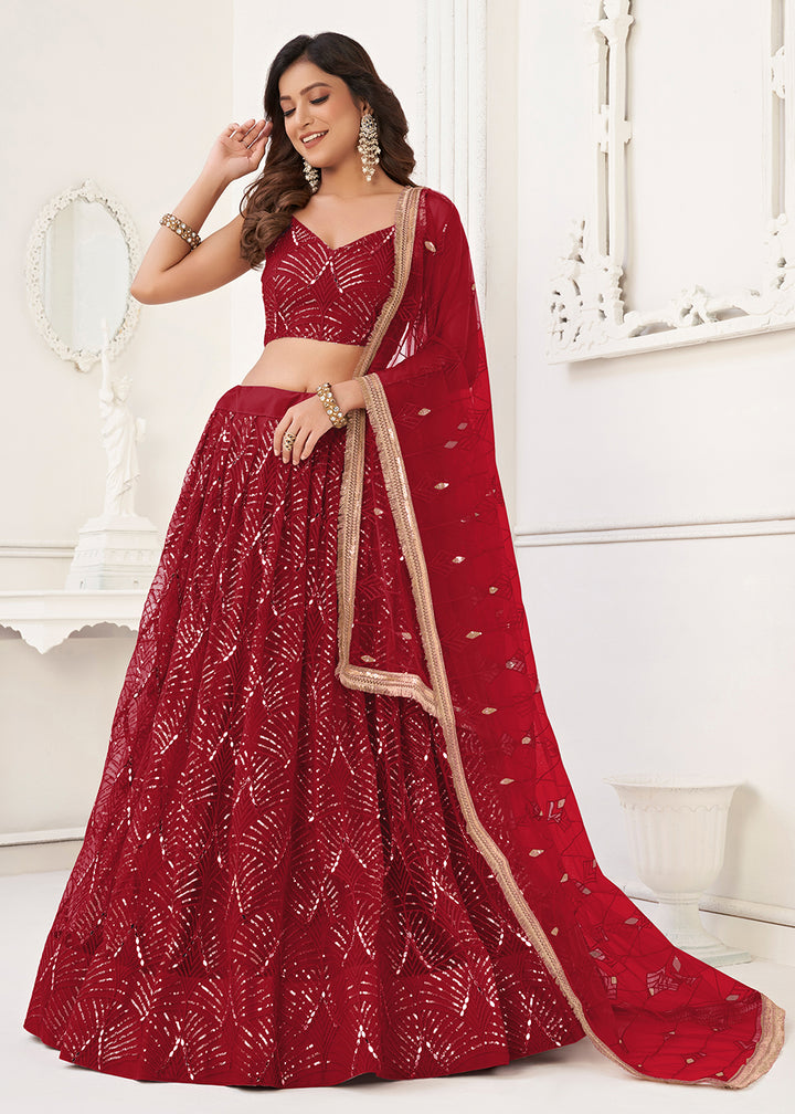 Buy Now Embroidered Net Ruby Red Sangeet & Mehndi Wedding Lehenga Choli Online in USA, UK, Canada & Worldwide at Empress Clothing. 