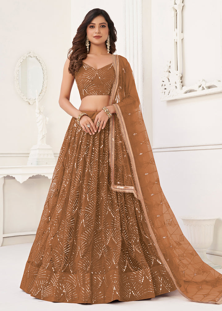 Buy Now Embroidered Net Brown Sangeet & Mehndi Wedding Lehenga Choli Online in USA, UK, Canada & Worldwide at Empress Clothing. 