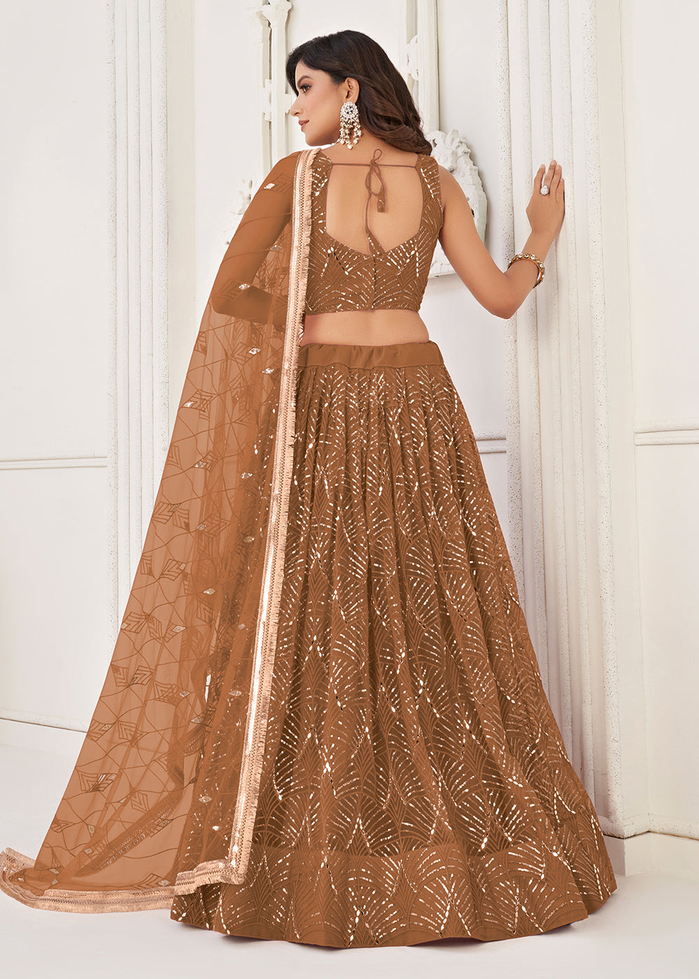 Buy Now Embroidered Net Brown Sangeet & Mehndi Wedding Lehenga Choli Online in USA, UK, Canada & Worldwide at Empress Clothing. 