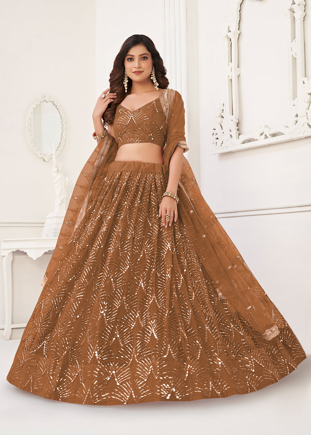 Buy Now Embroidered Net Brown Sangeet & Mehndi Wedding Lehenga Choli Online in USA, UK, Canada & Worldwide at Empress Clothing. 