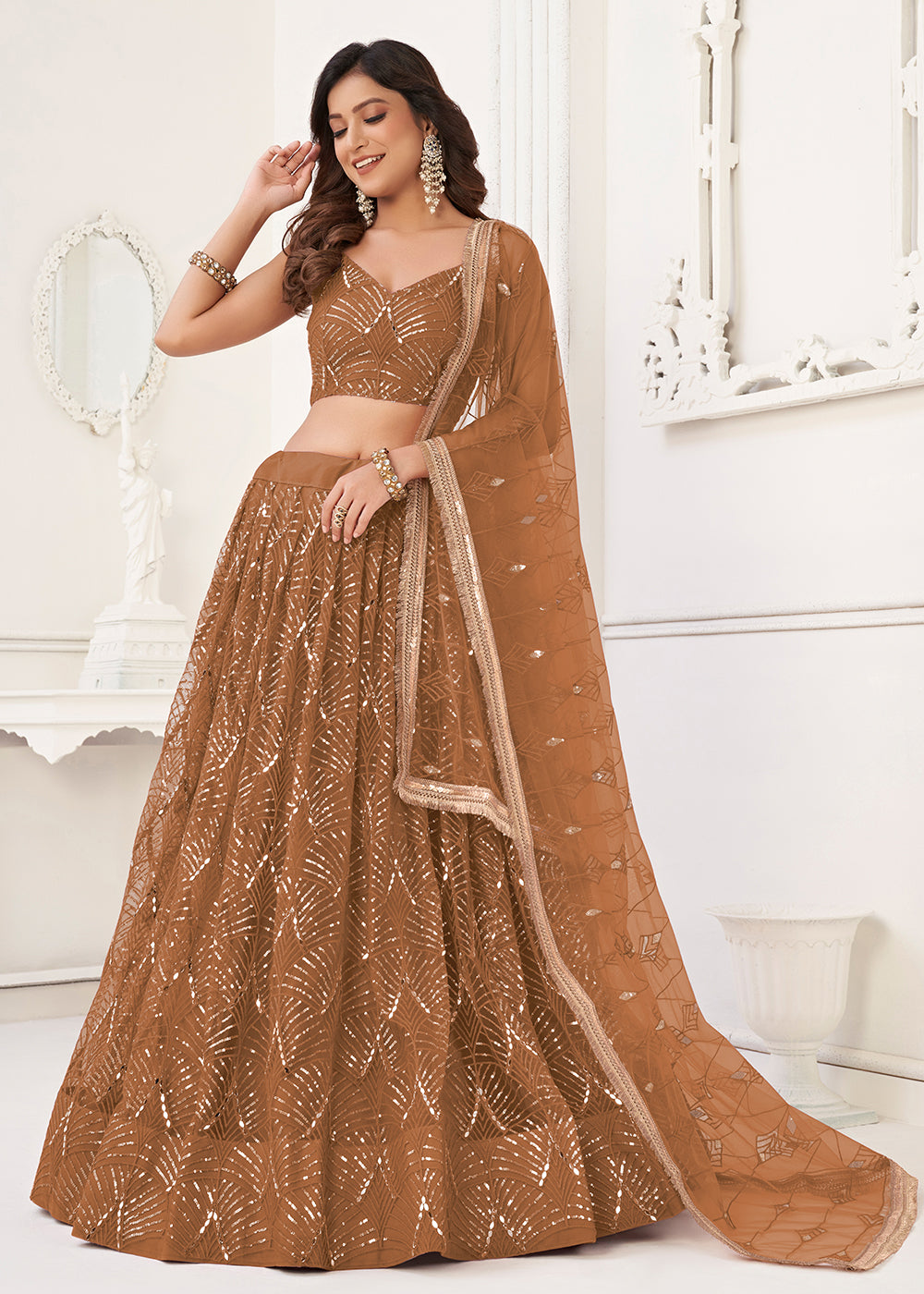 Buy Now Embroidered Net Brown Sangeet & Mehndi Wedding Lehenga Choli Online in USA, UK, Canada & Worldwide at Empress Clothing. 