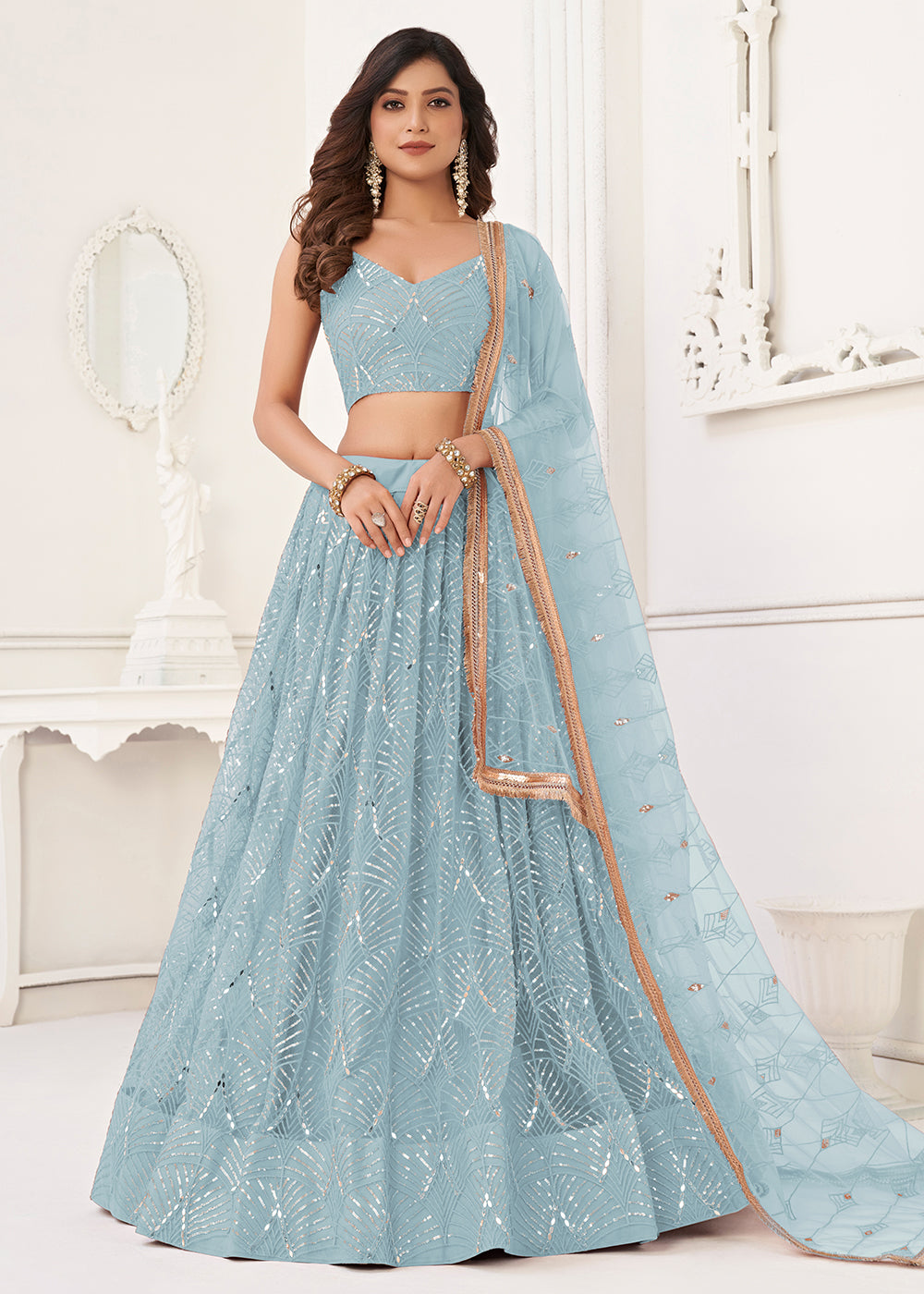 Buy Now Embroidered Net Sky Blue Sangeet & Mehndi Wedding Lehenga Choli Online in USA, UK, Canada, France, Italy, Greece, UAE & Worldwide at Empress Clothing.