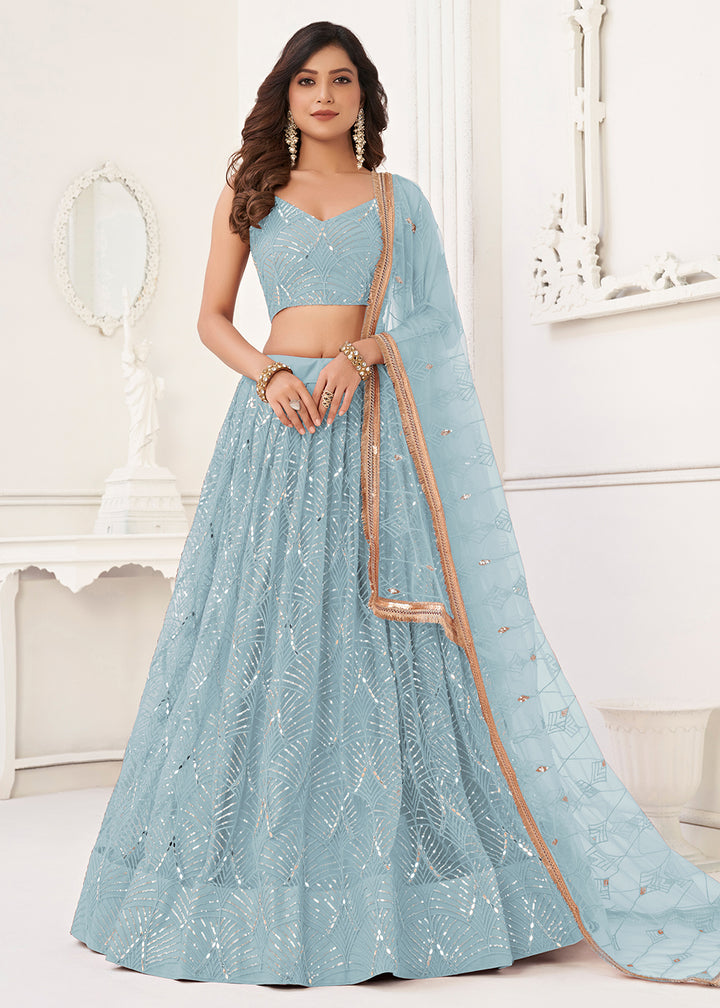 Buy Now Embroidered Net Sky Blue Sangeet & Mehndi Wedding Lehenga Choli Online in USA, UK, Canada, France, Italy, Greece, UAE & Worldwide at Empress Clothing.