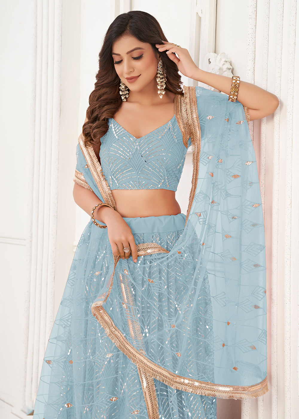 Buy Now Embroidered Net Sky Blue Sangeet & Mehndi Wedding Lehenga Choli Online in USA, UK, Canada, France, Italy, Greece, UAE & Worldwide at Empress Clothing.