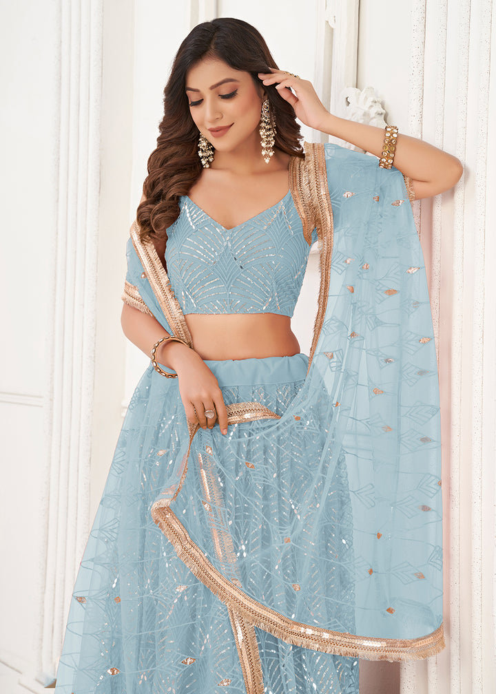 Buy Now Embroidered Net Sky Blue Sangeet & Mehndi Wedding Lehenga Choli Online in USA, UK, Canada, France, Italy, Greece, UAE & Worldwide at Empress Clothing.