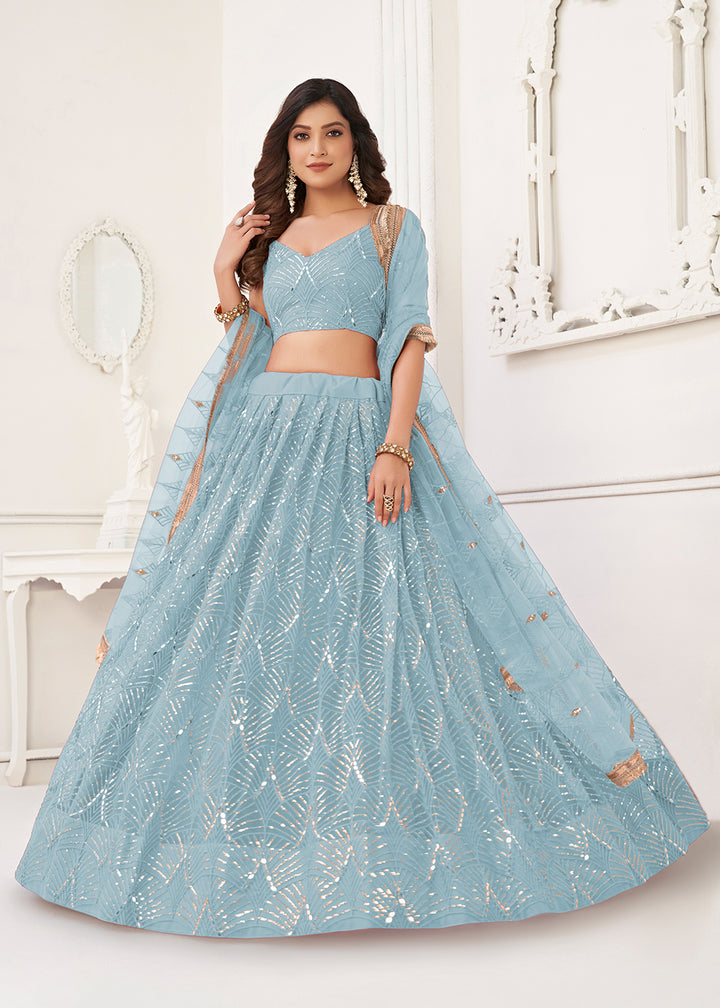Buy Now Embroidered Net Sky Blue Sangeet & Mehndi Wedding Lehenga Choli Online in USA, UK, Canada, France, Italy, Greece, UAE & Worldwide at Empress Clothing.