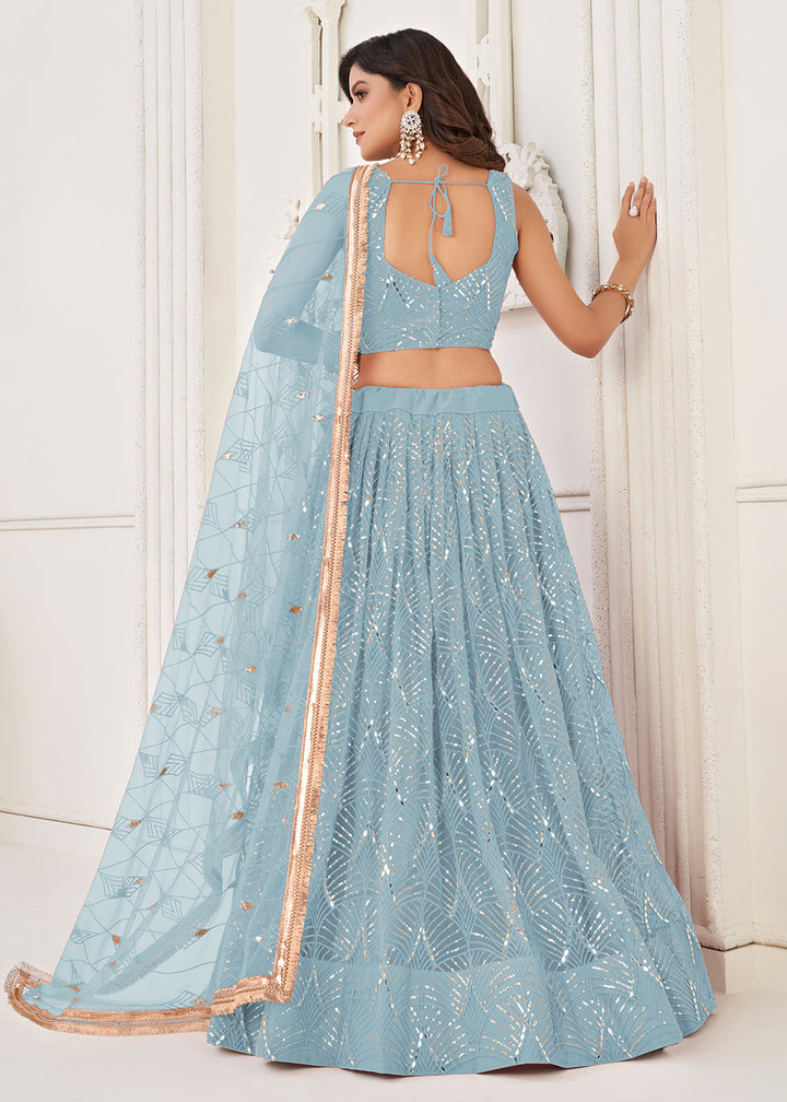 Buy Now Embroidered Net Sky Blue Sangeet & Mehndi Wedding Lehenga Choli Online in USA, UK, Canada, France, Italy, Greece, UAE & Worldwide at Empress Clothing.