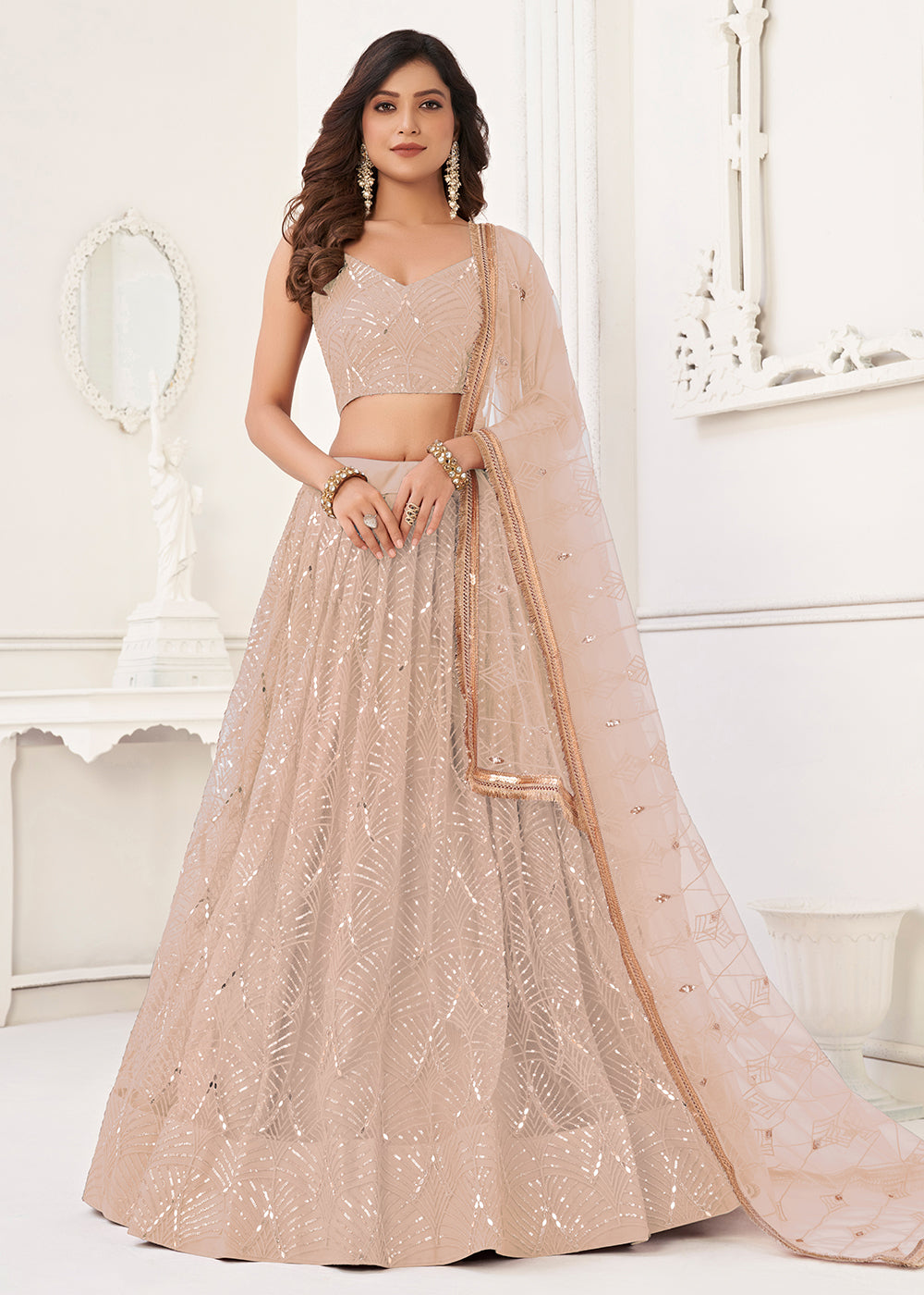 Buy Now Embroidered Net Peach Sangeet & Wedding Lehenga Choli Online in USA, UK, Canada, France, Italy, Greece, UAE, Sweden & Worldwide at Empress Clothing.