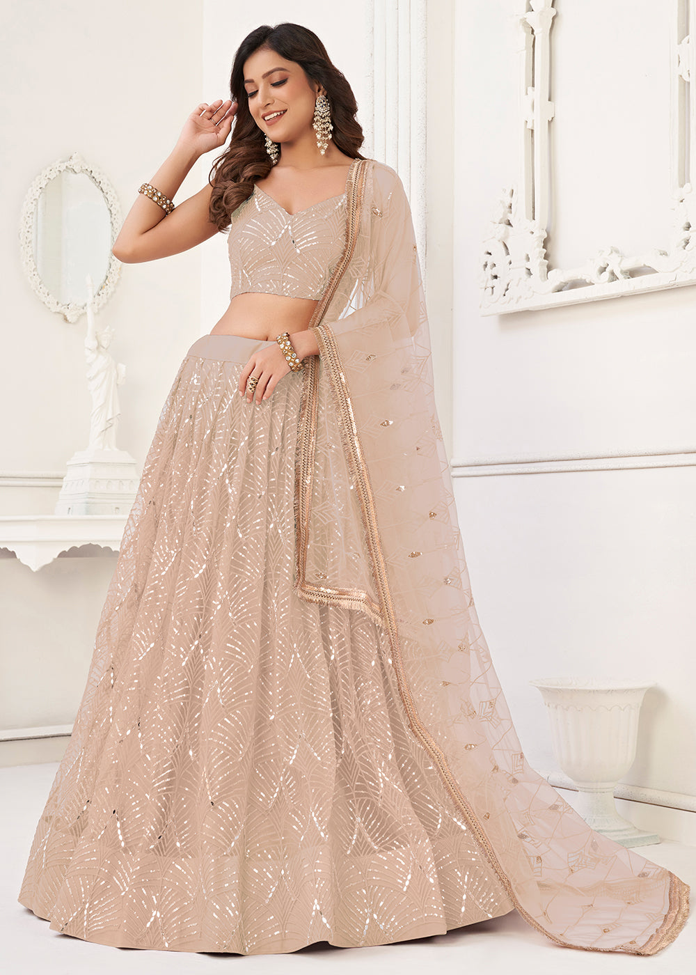 Buy Now Embroidered Net Peach Sangeet & Wedding Lehenga Choli Online in USA, UK, Canada, France, Italy, Greece, UAE, Sweden & Worldwide at Empress Clothing.