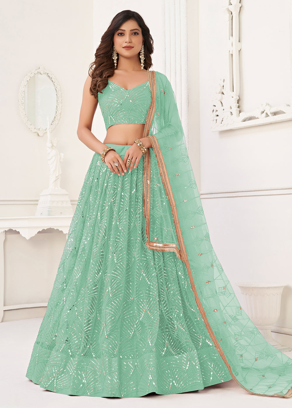 Sangeet & Wedding Lehenga Choli - Embroidered Net Pista Green Lehenga Empress Clothing Sangeet & Wedding Lehenga Choli - Embroidered Net Pista Green Lehenga Empress Clothing