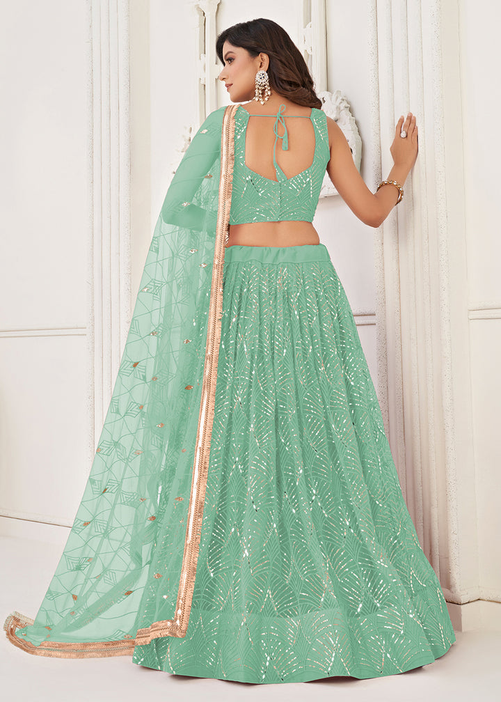 Buy Now Embroidered Net Sea Green Sangeet & Wedding Lehenga Choli Online in USA, UK, Canada, France, Italy, Greece, UAE, Sweden & Worldwide at Empress Clothing.