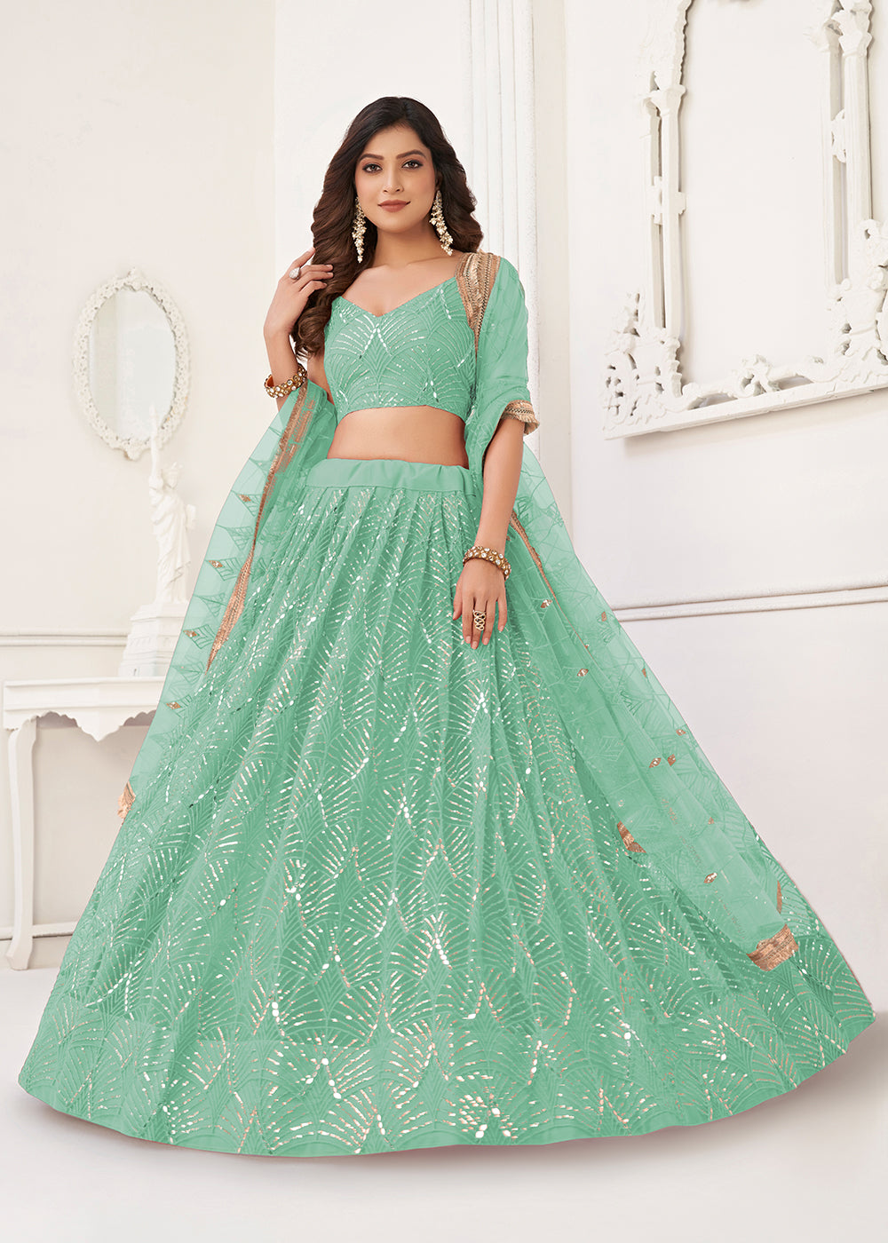 Buy Now Embroidered Net Sea Green Sangeet & Wedding Lehenga Choli Online in USA, UK, Canada, France, Italy, Greece, UAE, Sweden & Worldwide at Empress Clothing.