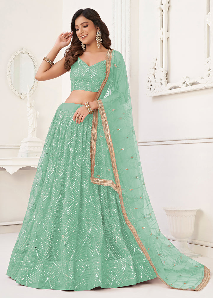 Buy Now Embroidered Net Sea Green Sangeet & Wedding Lehenga Choli Online in USA, UK, Canada, France, Italy, Greece, UAE, Sweden & Worldwide at Empress Clothing.