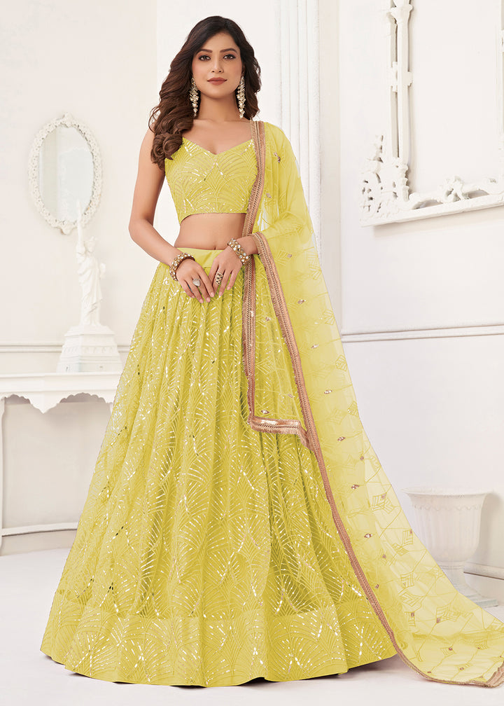 Buy Now Embroidered Net Lime Yellow Sangeet & Wedding Lehenga Choli Online in USA, UK, Canada, France, Italy, Greece, Sweden & Worldwide at Empress Clothing.