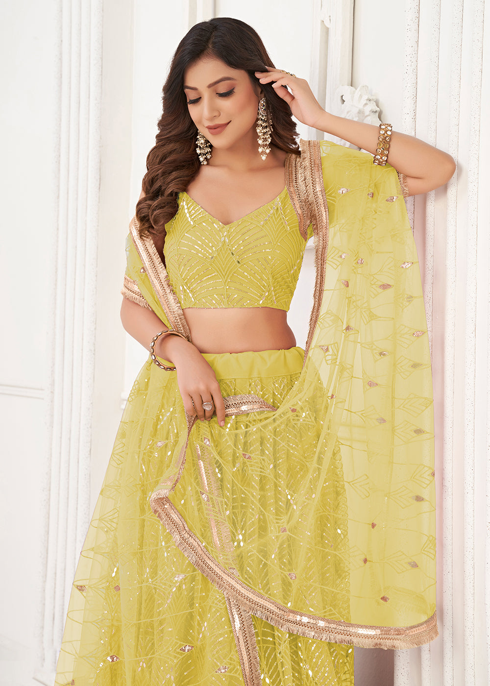 Buy Now Embroidered Net Lime Yellow Sangeet & Wedding Lehenga Choli Online in USA, UK, Canada, France, Italy, Greece, Sweden & Worldwide at Empress Clothing.