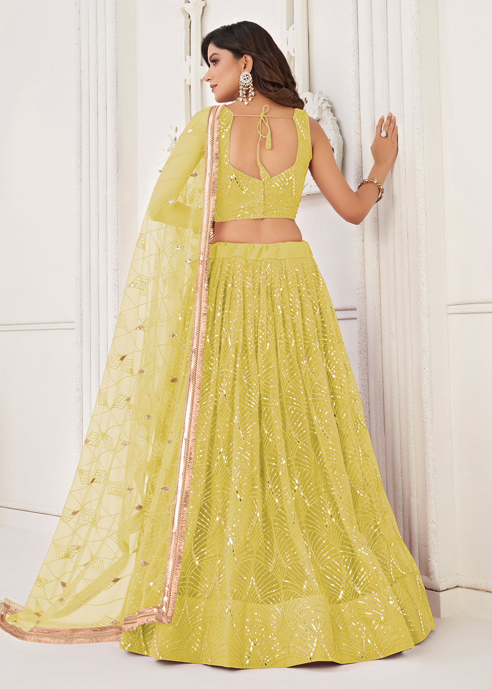 Buy Now Embroidered Net Lime Yellow Sangeet & Wedding Lehenga Choli Online in USA, UK, Canada, France, Italy, Greece, Sweden & Worldwide at Empress Clothing.