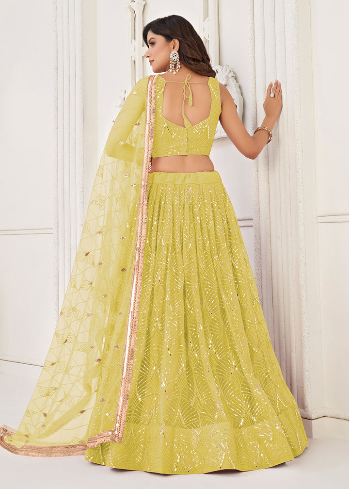 Buy Now Embroidered Net Lime Yellow Sangeet & Wedding Lehenga Choli Online in USA, UK, Canada, France, Italy, Greece, Sweden & Worldwide at Empress Clothing.