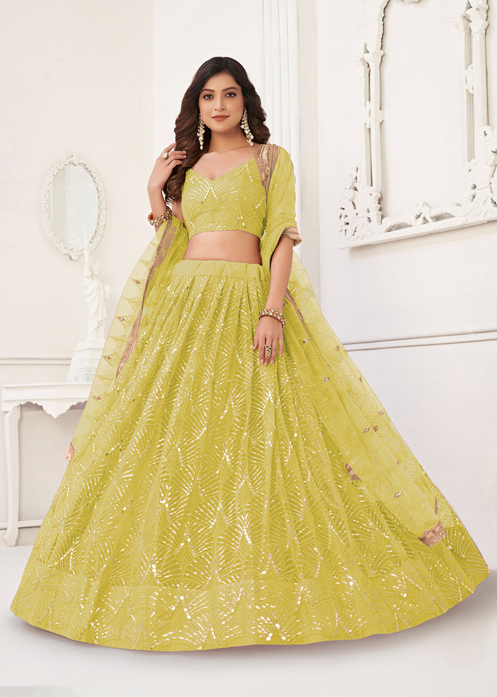 Buy Now Embroidered Net Lime Yellow Sangeet & Wedding Lehenga Choli Online in USA, UK, Canada, France, Italy, Greece, Sweden & Worldwide at Empress Clothing.